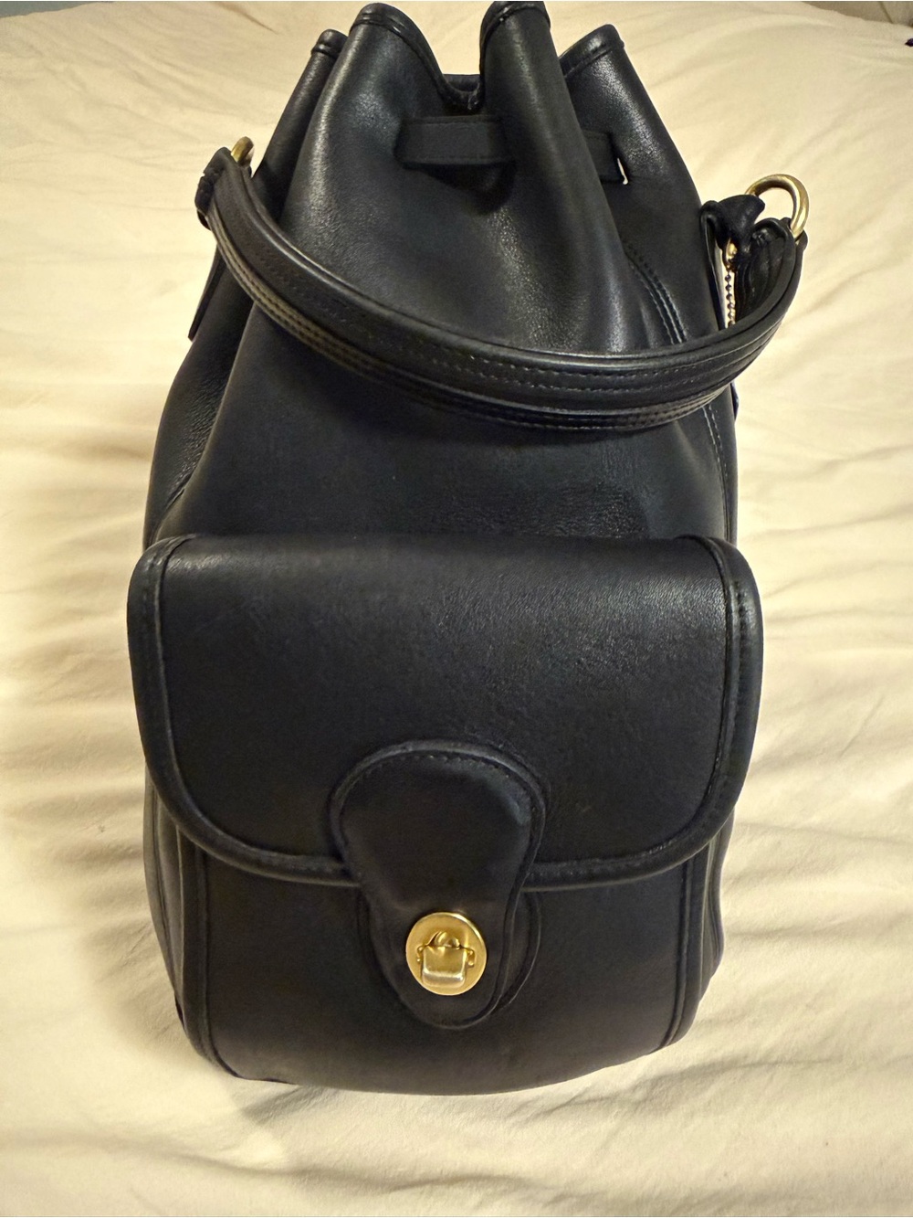 Coach Black Leather sling Backpack with Front Flap turn lock Pocket